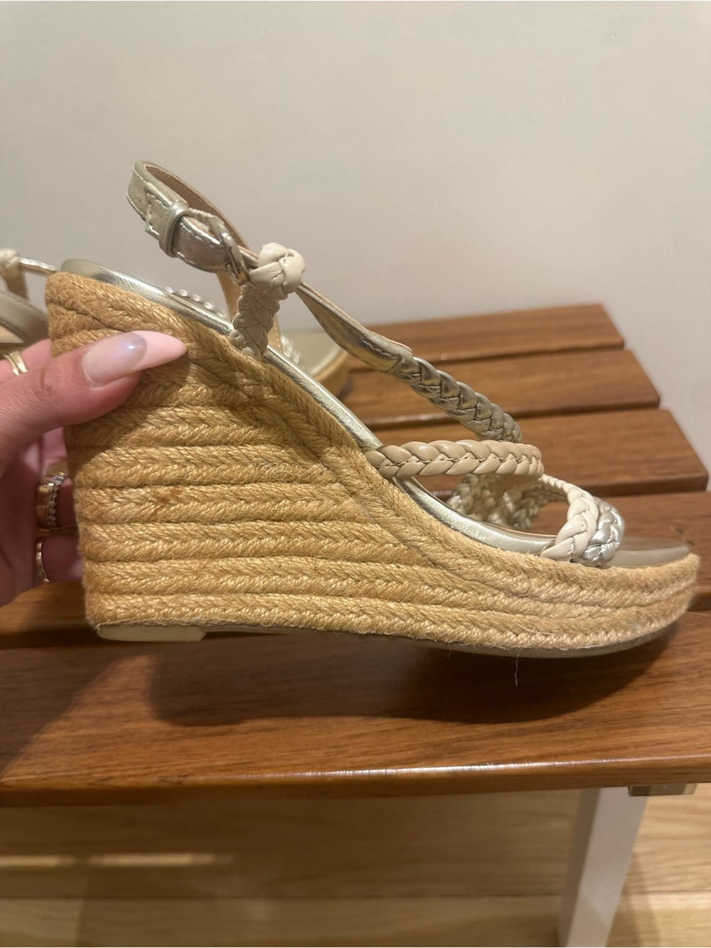 Nine West Braided Metallic Silver and Beige Wedge Sandals - Picture 6 of 8